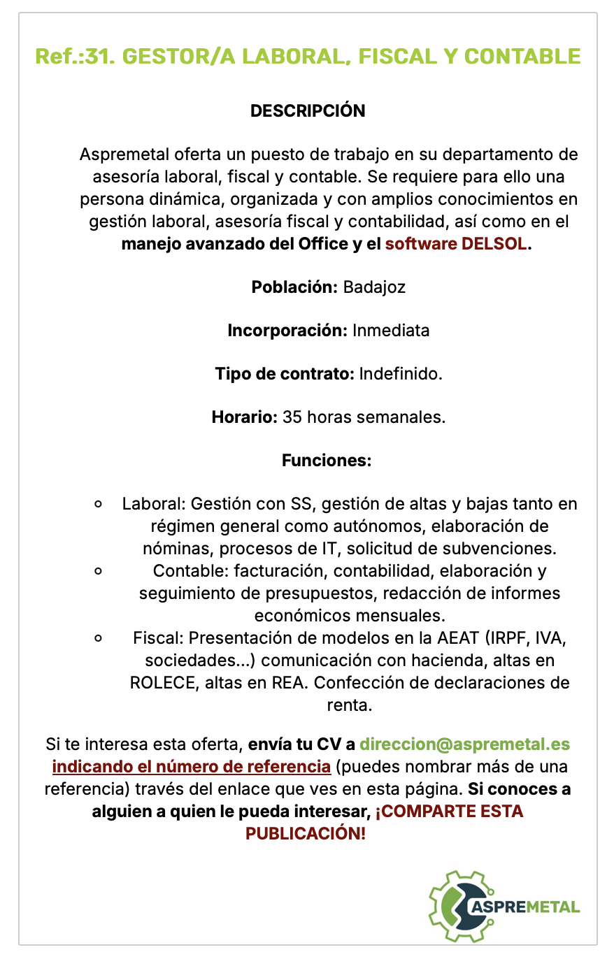 Trabajo fiscal y contable Aspremetal Extremadura asesoría laboral